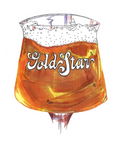 Illustration of a glass filled with a golden liquid, likely beer, with 'Gold Star' branding.