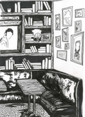 Illustration of a cozy room with bookshelves, a sofa, and framed pictures.