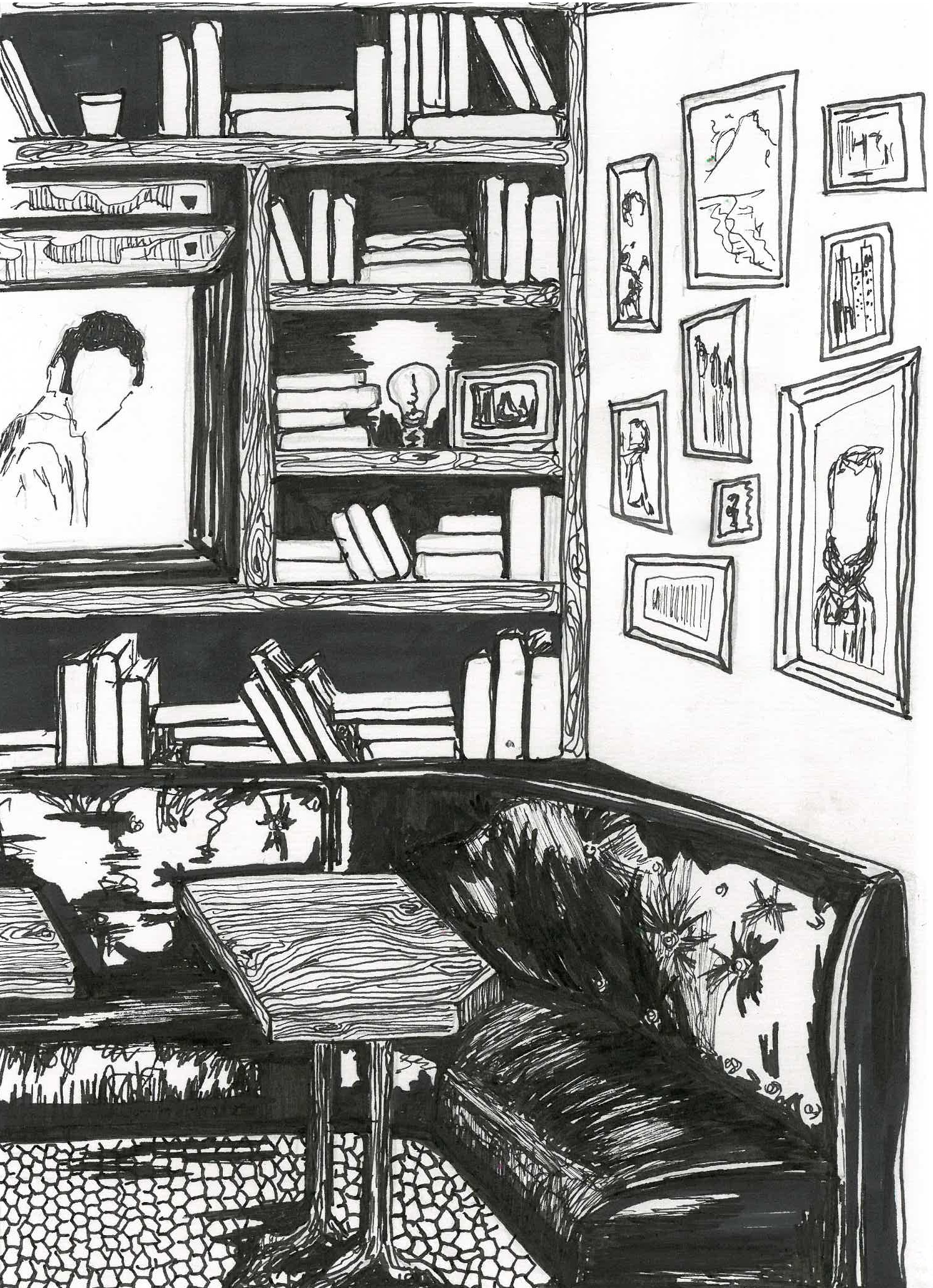 Illustration of a cozy room with bookshelves, a sofa, and framed pictures.
