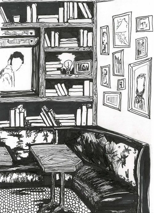 Illustration of a cozy room with bookshelves, a sofa, and framed pictures.