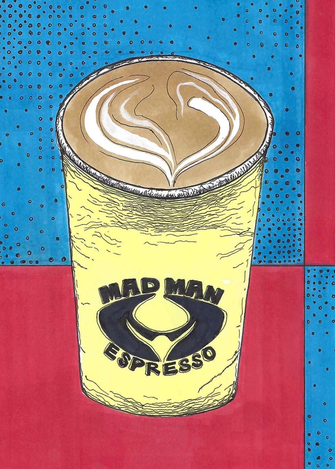 Illustration of a coffee cup with 'Mad Man Espresso' logo on a blue and red checkered background