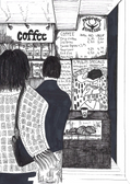 Illustration of two people looking at a coffee shop menu board.