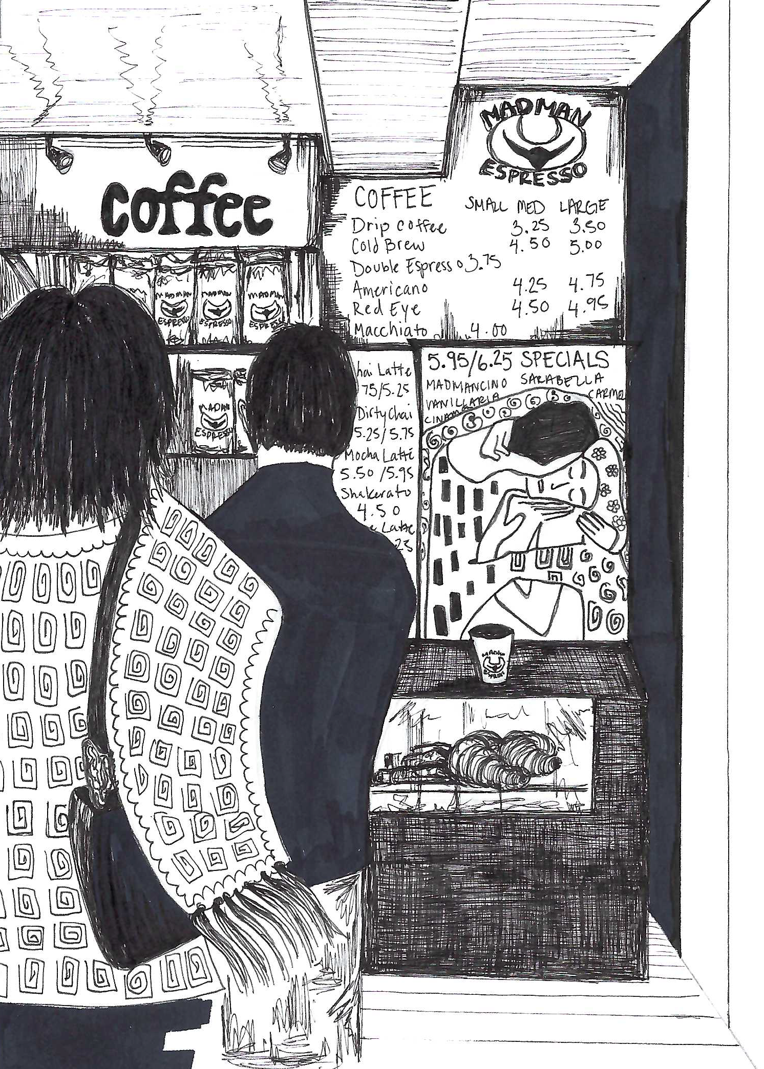 Illustration of two people looking at a coffee shop menu board.