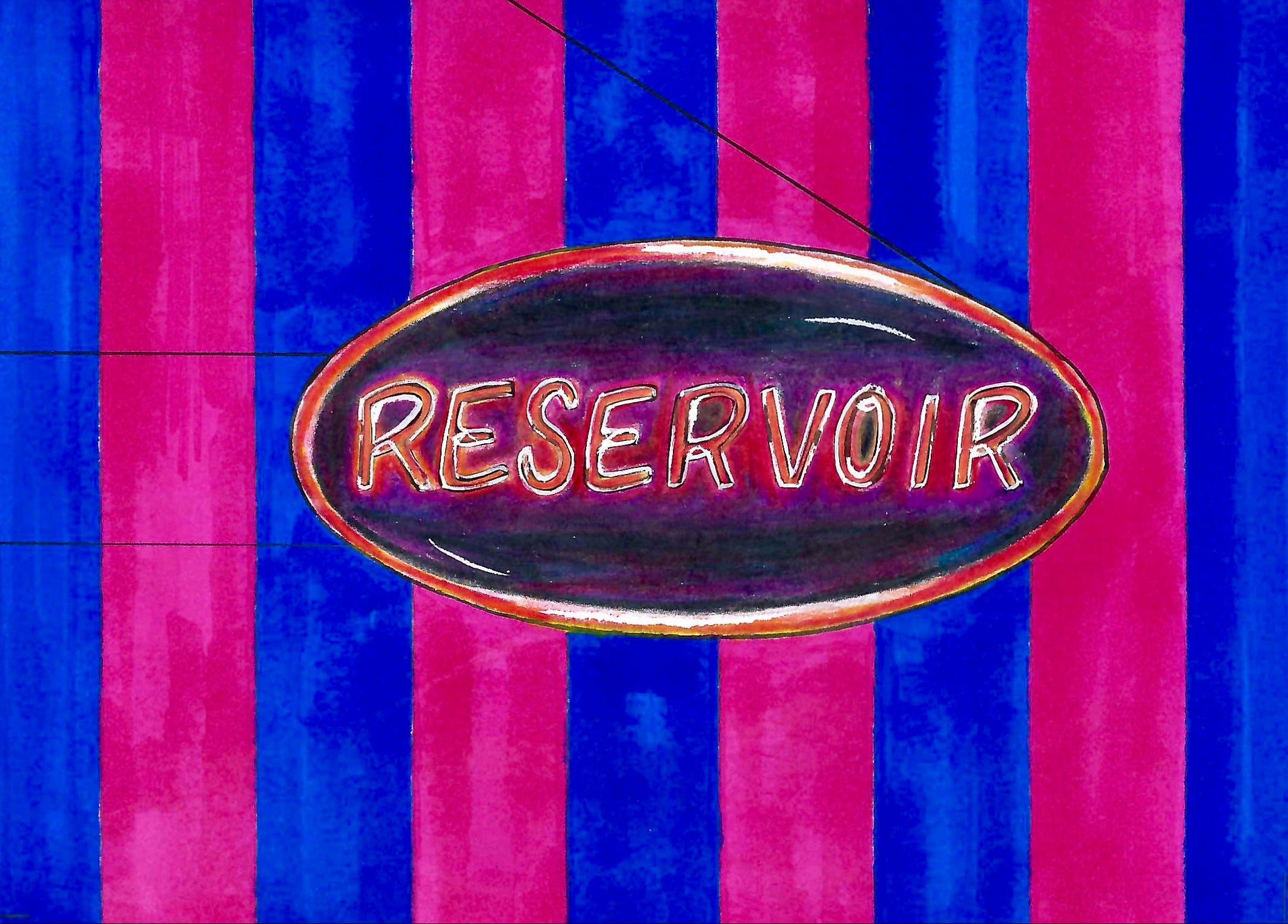 Neon sign with 'RESERVOIR' text on a striped blue and pink background